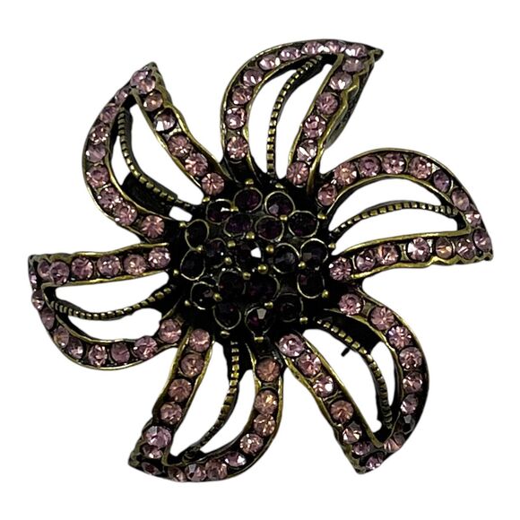 Pink Purple Rhinestone Brooch Pin Flower Shape Large 2" Statement Piece Vintage - Picture 5 of 7